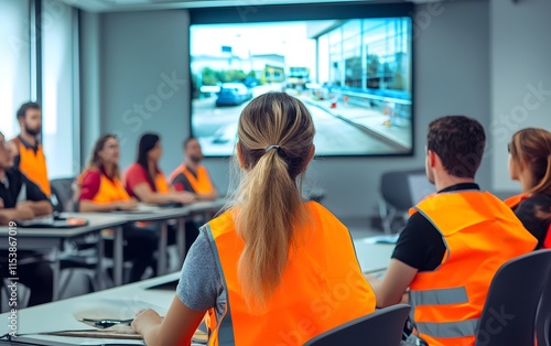 A group of professionals in fluorescent vests attending a safety training session, focused on an instructional presentation.