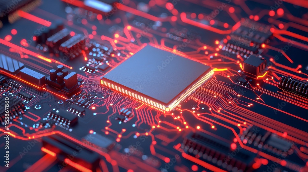 Close-up View of a Microchip Surrounded by Circuit Board Components Featuring Glowing Red Lines and Intricate Electronic Patterns for Technology Themes Close-up View of a Microchip Surrounded by Circuit Board Components Featuring Glowing Red Lines and Intricate Electronic Patterns for Technology Themes