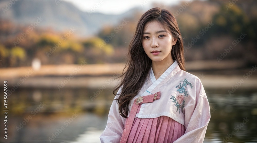 A Korean woman wearing a traditional Korean hanbok The background is a serene landscape with mountains, water and greenery. A Korean woman wearing a traditional Korean hanbok The background is a serene landscape with mountains, water and greenery.
