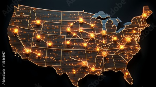 United states map with glowing network of connections photo