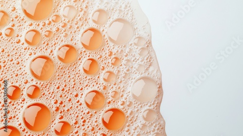 Hydration helps reduce aging skin and supports anti-aging. A close-up of bubbly, light orange liquid reveals textured foam and droplets against a pale background, showcasing a refreshing beverage. photo