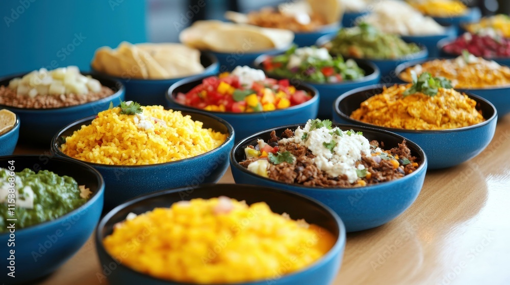 Vibrant Mexican fiesta Traditional Mexican dishes being served Vibrant Mexican fiesta Traditional Mexican dishes being served