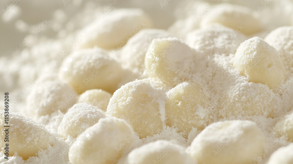 Gnocchi prepared with care lying on a smooth surface dusted with flour in a cozy kitchen setting Gnocchi prepared with care lying on a smooth surface dusted with flour in a cozy kitchen setting
