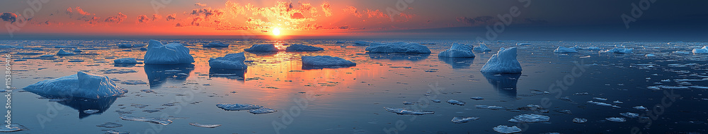 Obraz premium Calm frozen sea surface resembling a vast mirror reflecting the colorful sky, with large floating ice floes like massive sculptures drifting slowly in the serene ocean.