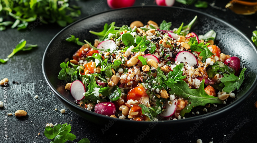 Fresh vegetable salad with nuts and greens served in a dark bowl on a wooden table Fresh vegetable salad with nuts and greens served in a dark bowl on a wooden table
