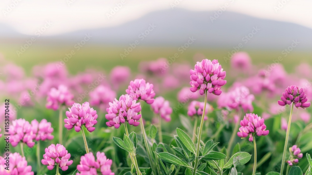Blooming Pink Clover Field Under Soft Morning Light with Gentle Mountains in the Background Creating a Tranquil and Serene Natural Landscape Scene Blooming Pink Clover Field Under Soft Morning Light with Gentle Mountains in the Background Creating a Tranquil and Serene Natural Landscape Scene