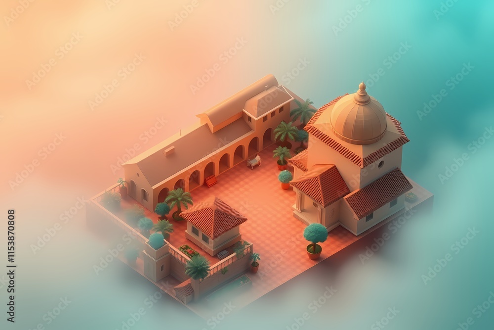 Obraz premium Mediterranean Monastery at Dawn: Isometric low-poly rendering of a serene Mediterranean monastery bathed in the soft light of dawn.