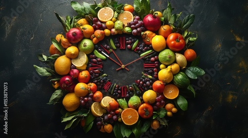 Clock made of fruits and vegetables showing time of 23 hours 55 minutes, time for new year resolutions photo