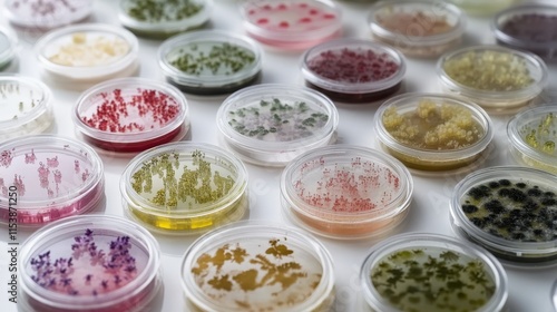 Diverse bacterial colonies and fungal cultures grown in petri dishes for microbiology studies