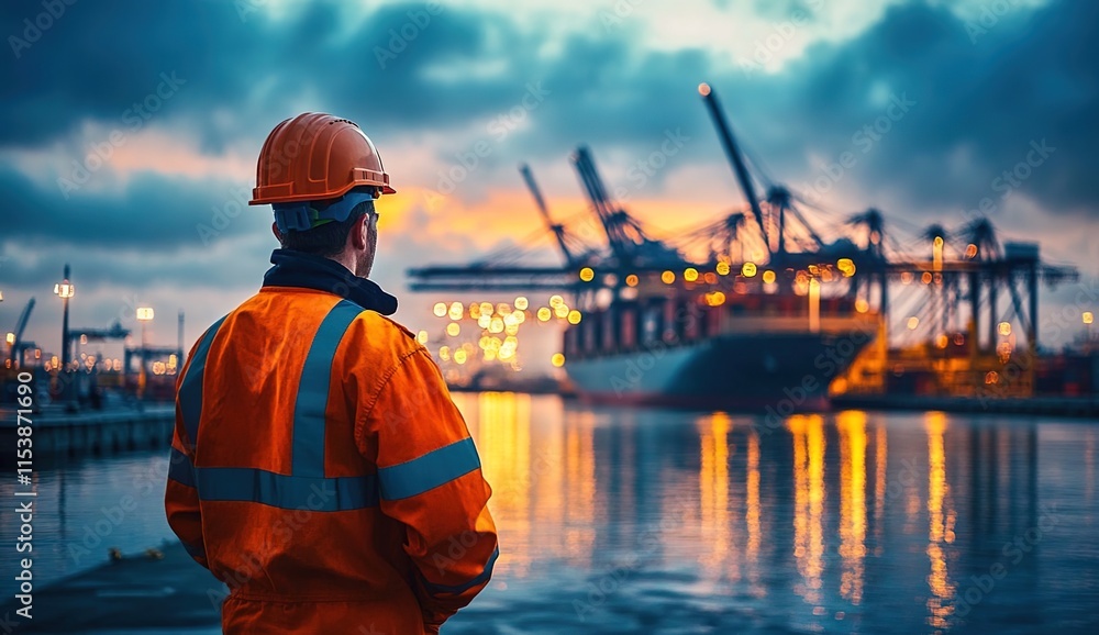 A worker in safety gear stands at the port's container yard, observing cargo ships and cranes against the twilight sky. A worker in safety gear stands at the port's container yard, observing cargo ships and cranes against the twilight sky.