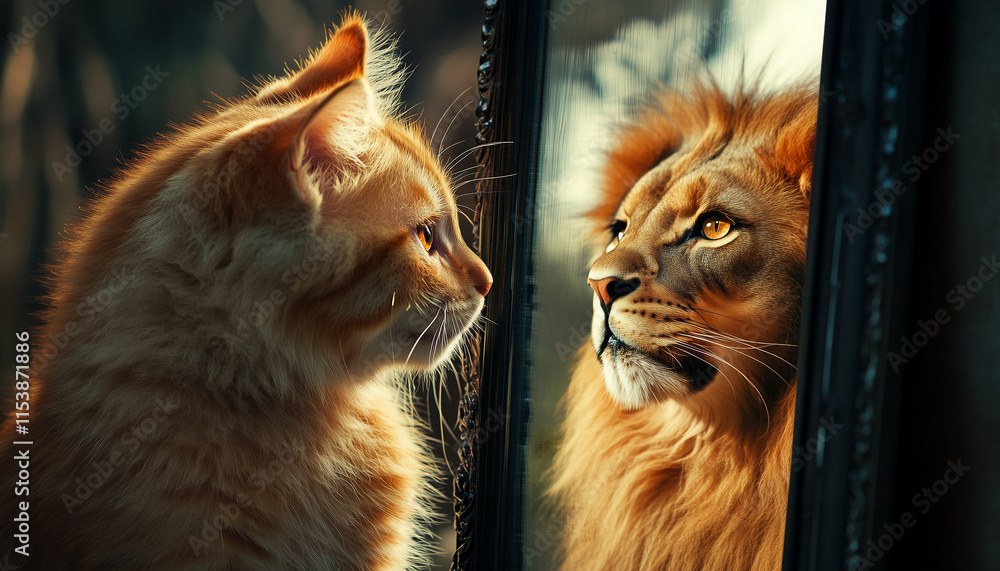 Fototapeta premium A cute kitten gazing at its reflection in the mirror, seeing an elegant lion, symbolizing transformation, ambition, and self-perception.