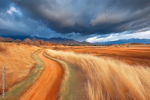 Fincas blancas vistas desde lejos con olivos rodeadas de campos dorados y un cielo dramático photo