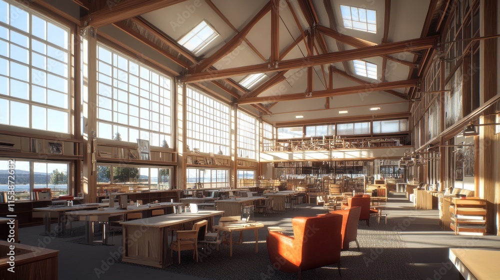 Sunlit library interior with high ceilings, large windows, wooden beams, and comfortable seating. Sunlit library interior with high ceilings, large windows, wooden beams, and comfortable seating.