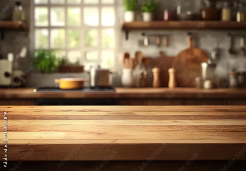 Wooden kitchen counter with a blurred background of the interior and cooking utensils. Wooden kitchen counter with a blurred background of the interior and cooking utensils.