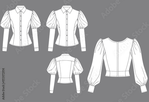 Comprehensive Puff Sleeve Blouse Technical Drawing with Icon Vector Elements for Fashion Design Use