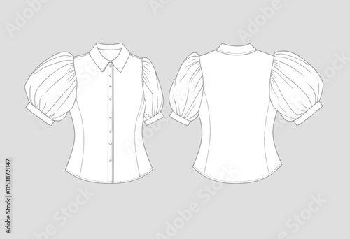 Contemporary Puff Sleeve Blouse Technical Sketch with Front and Back View Mockup for Fashion Designers 