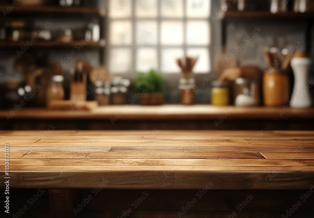 Wooden kitchen counter with a blurred background of the interior and cooking utensils. Wooden kitchen counter with a blurred background of the interior and cooking utensils.