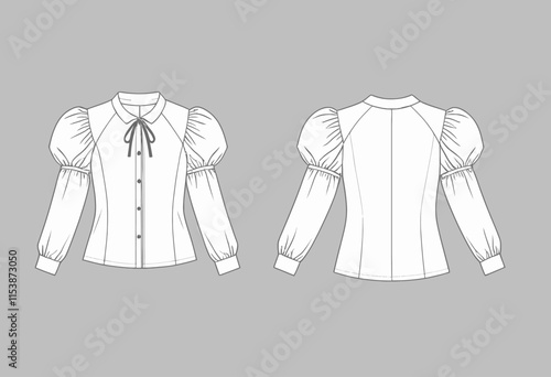 Stylish Puff Sleeve Blouse Technical Drawing Template for Fashion Illustrators - Front and Back Views Included