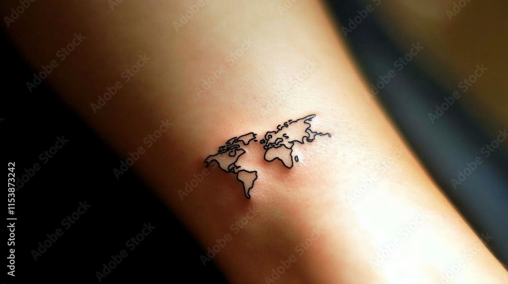 Obraz premium Small world map tattoo on woman wrist. Travel and world tour concept