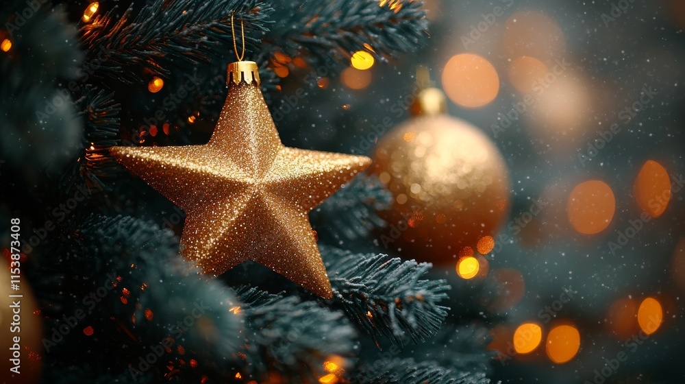 Glittering star and ornament on festive christmas tree branch with warm lights Glittering star and ornament on festive christmas tree branch with warm lights