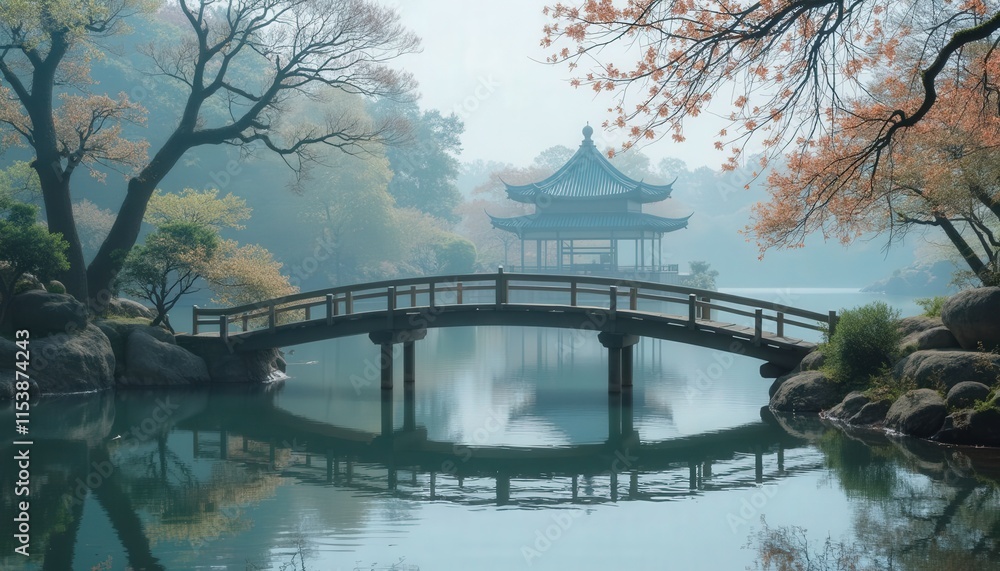 Fototapeta premium Serene Garden Pavilion and Bridge.