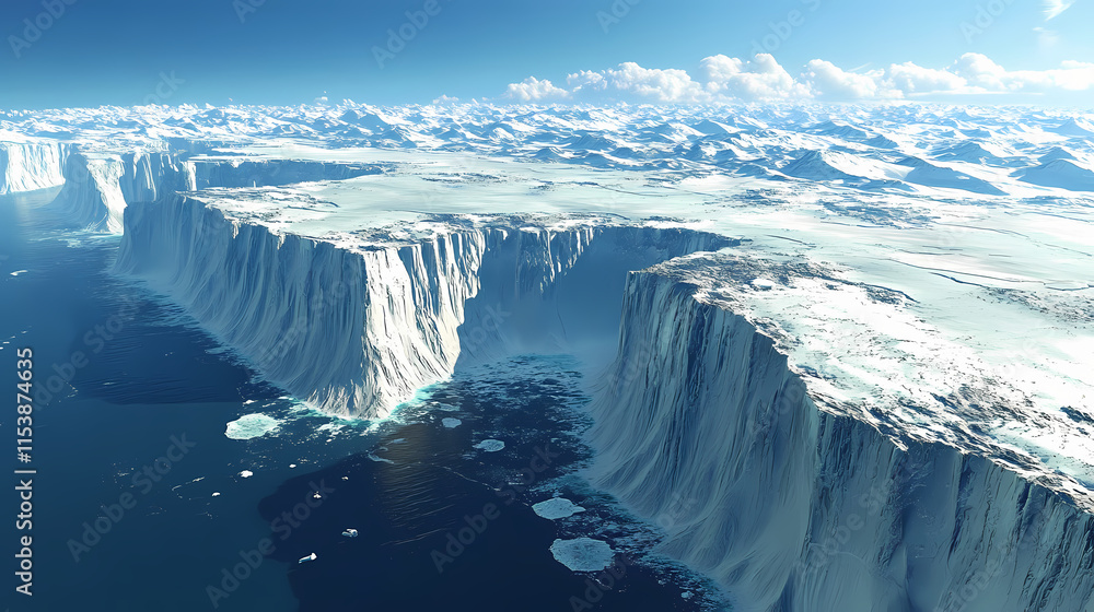 In the center of the image, a massive supercontinent dominates the horizon, with jagged coastlines and merged landmasses the camera angle is aerial, capturing. Crevasse. Illustration In the center of the image, a massive supercontinent dominates the horizon, with jagged coastlines and merged landmasses the camera angle is aerial, capturing. Crevasse. Illustration