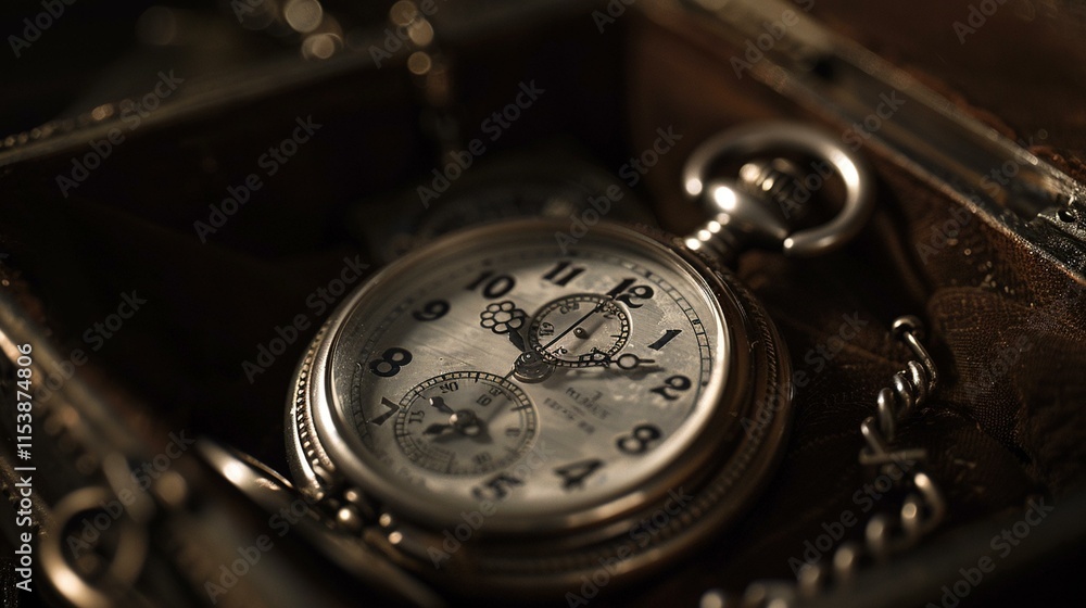 Full View of a Pocket Stopwatch Resting in an Open Case Full View of a Pocket Stopwatch Resting in an Open Case
