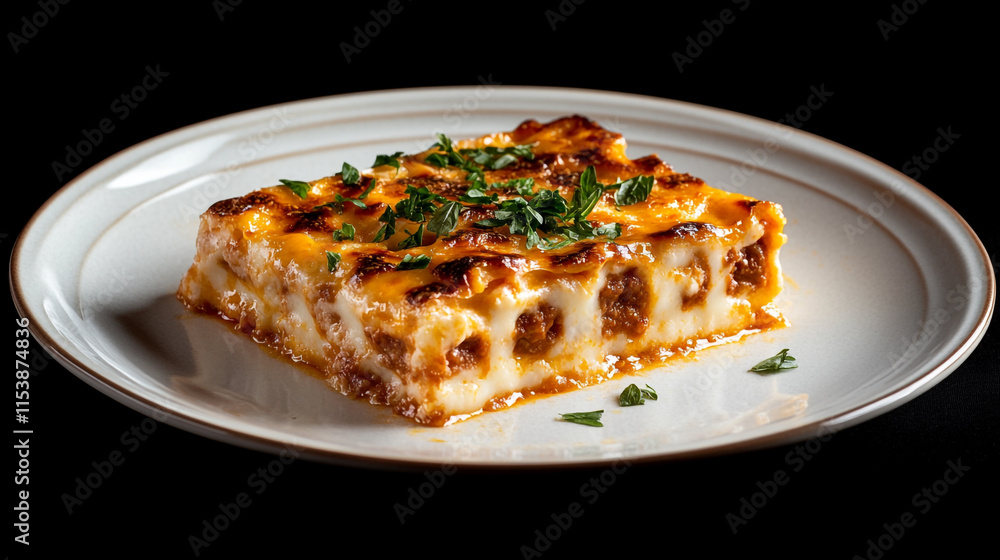Layered pasta dish with melted cheese and herbs served on a white plate for a delicious meal experience