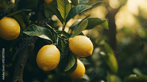 Fresh lemons grow on a tree branch in a vibrant orchard during golden hour light