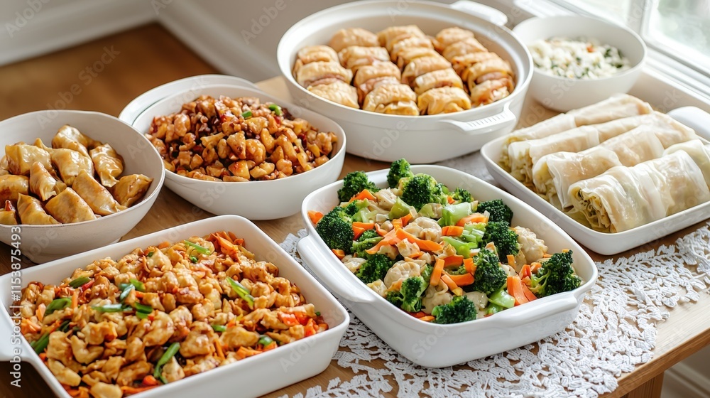 Chinese New Year luck and parade, A vibrant spread of assorted dishes including spring rolls, stir-fried vegetables, and savory dumplings, all beautifully arranged on a wooden table. Chinese New Year luck and parade, A vibrant spread of assorted dishes including spring rolls, stir-fried vegetables, and savory dumplings, all beautifully arranged on a wooden table.