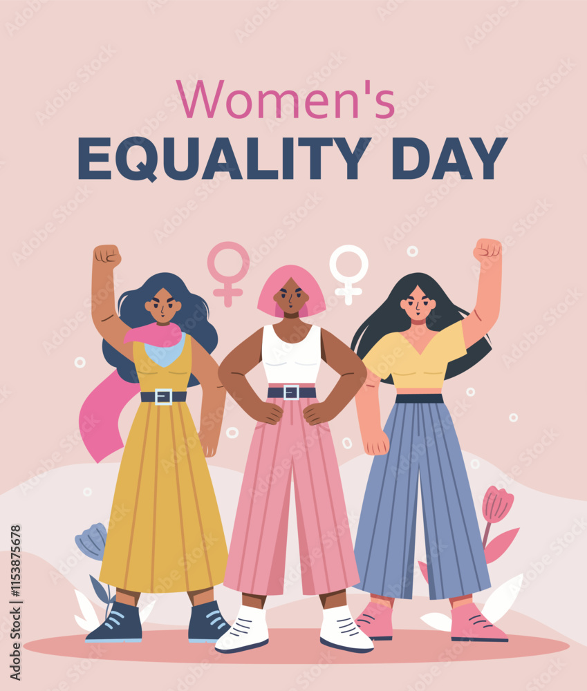Equality day, women's day. Women feminist activists of different skin colors stand together in protest for equality, empowerment. Vector illustration in pink color palette Equality day, women's day. Women feminist activists of different skin colors stand together in protest for equality, empowerment. Vector illustration in pink color palette