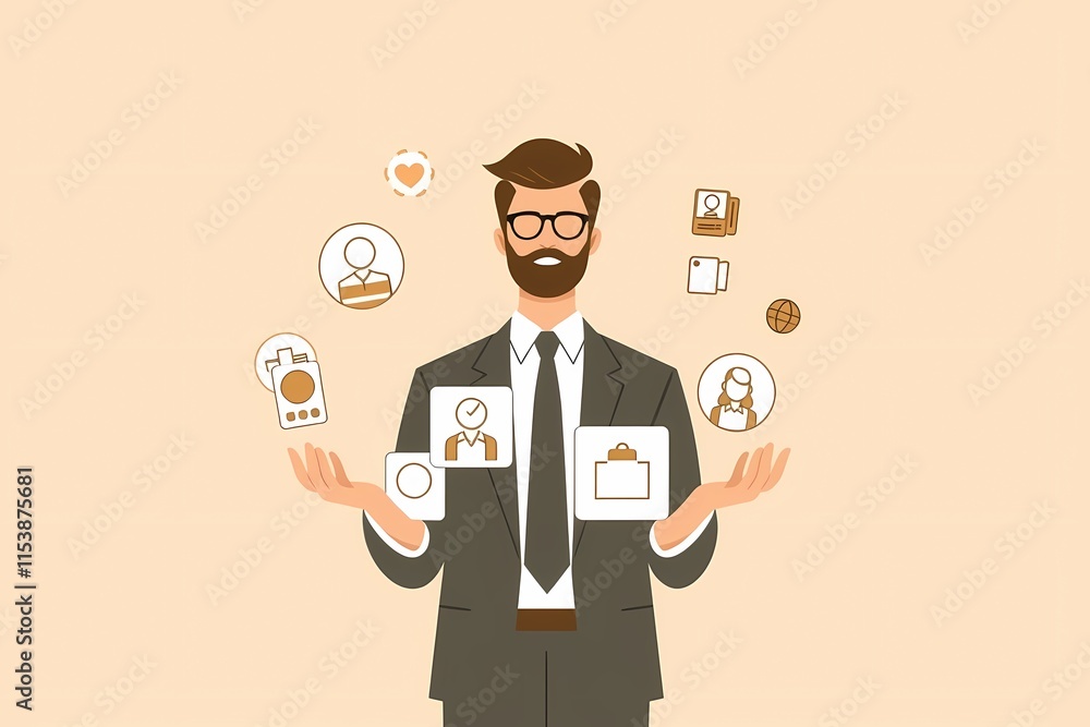 Master of Multitasking: A stylish businessman effortlessly juggles various work and life aspects, symbolizing modern work-life balance and efficiency. Master of Multitasking: A stylish businessman effortlessly juggles various work and life aspects, symbolizing modern work-life balance and efficiency.