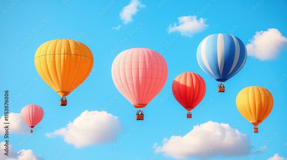 Fototapeta premium Cloud based services Mlops Martech saas Mental coach Kubernetes backup Networking as a service Telegram channel Helium 10 Togetherall Grow therapy Colorful hot air balloons floating in bright blue sk