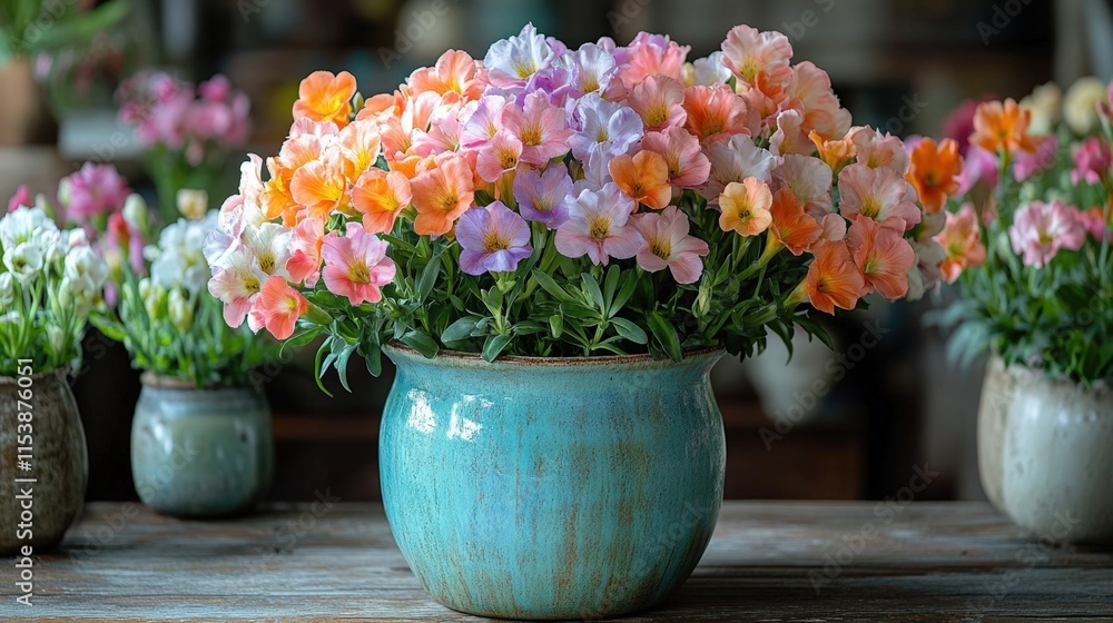Vibrant multicolored flowers in a teal pot on a rustic wooden surface. Vibrant multicolored flowers in a teal pot on a rustic wooden surface.