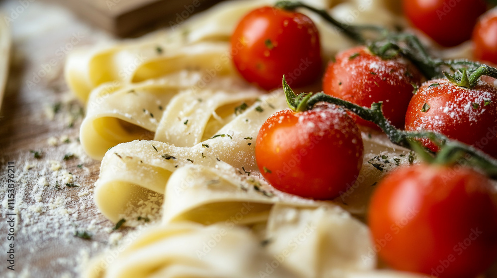Freshly made pasta with cherry tomatoes and herbs garnished on a wooden surface Freshly made pasta with cherry tomatoes and herbs garnished on a wooden surface