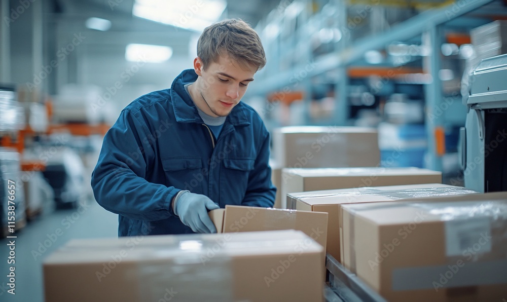 A worker organizes packages in a warehouse setting. A worker organizes packages in a warehouse setting.