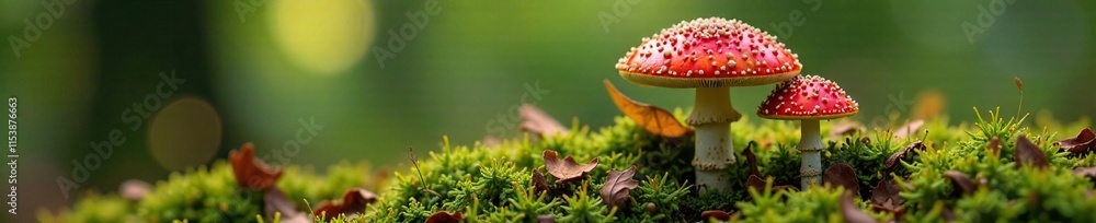 Fly agaric parts scattered on moss and leaves, mushroom, mycelium, fungus Fly agaric parts scattered on moss and leaves, mushroom, mycelium, fungus