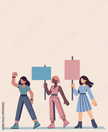  Vector banner for feminism day. Women feminist activists of different skin colors go together to protest for equality, empowerment and opportunities. For women's projects, websites, postcards