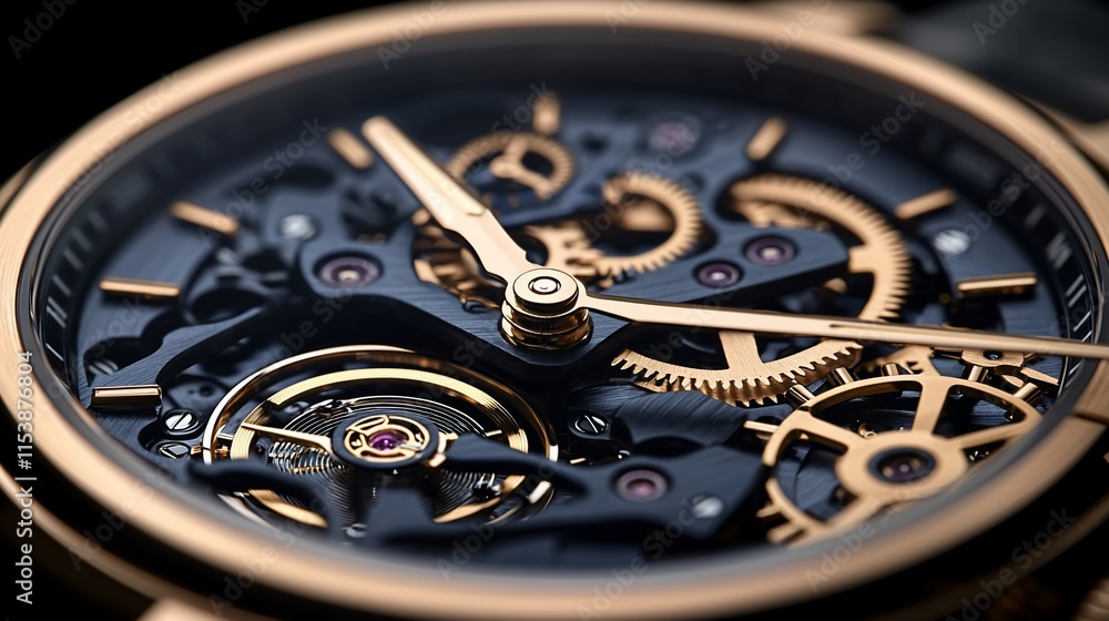 Close-up of intricate mechanical watch movement with rose gold accents. Close-up of intricate mechanical watch movement with rose gold accents.