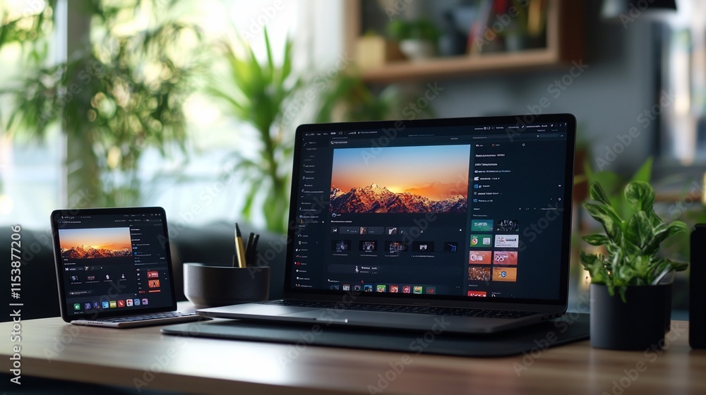 A workspace featuring a laptop and tablet with nature images and plants. A workspace featuring a laptop and tablet with nature images and plants.