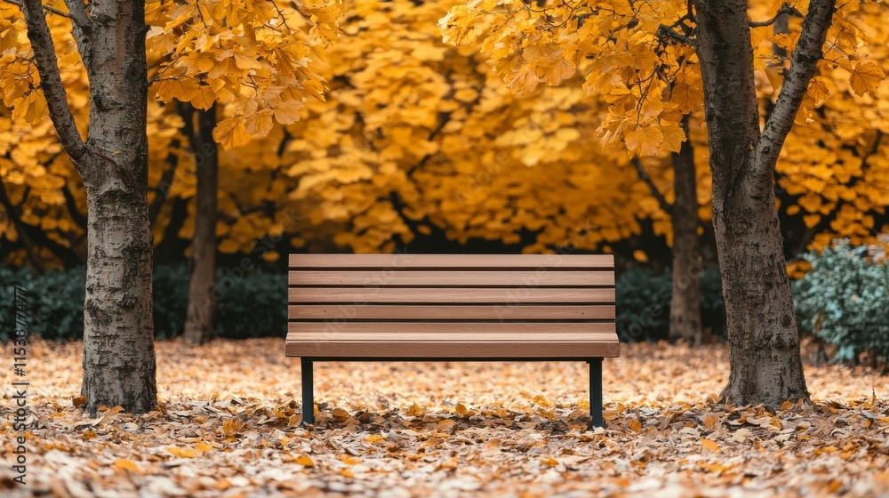 Serene Park Bench Surrounded by Golden Autumn Foliage Creating a Tranquil Scene Serene Park Bench Surrounded by Golden Autumn Foliage Creating a Tranquil Scene