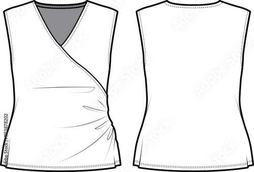 Technical flat sketch of Wrap sleeveless blouse. V-neck surplice top with gathered details. Pullover and popover. 