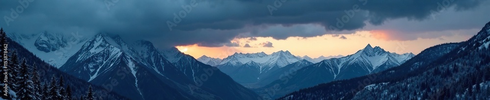 Fototapeta premium Dark grey storm clouds over mountains at dusk, dusk, snowflake