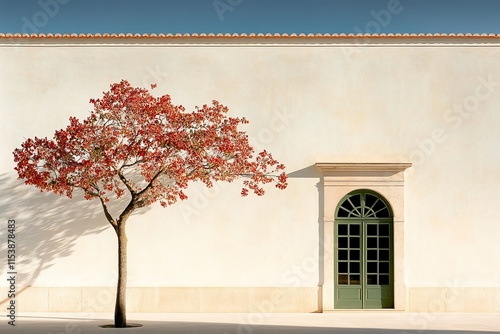 Fachada vibrante con detalles coloridos y un árbol en flor frente a una puerta verde photo