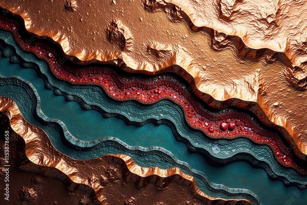 Fototapeta premium Copper-rich stone slab with layered minerals and texture, geological, layered