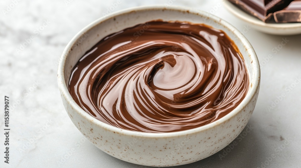 Smooth and Rich Chocolate Spread in a White Bowl with a Swirling Texture on a Marble Surface, Perfect for Desserts and Baking Recipes Smooth and Rich Chocolate Spread in a White Bowl with a Swirling Texture on a Marble Surface, Perfect for Desserts and Baking Recipes