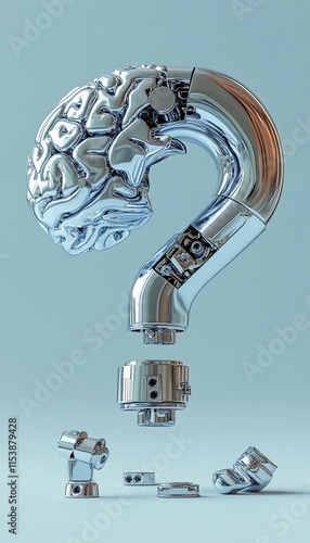 Futuristic metal brain forming a question mark, symbolizing AI and innovation.