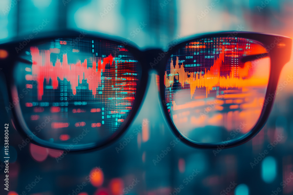 Stock Market Data Reflected in Glasses with Vibrant Neon Background – Finance and Technology Concept Stock Market Data Reflected in Glasses with Vibrant Neon Background – Finance and Technology Concept