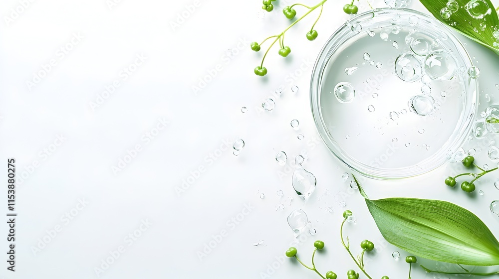 A white background with green leaves and water droplets A white background with green leaves and water droplets