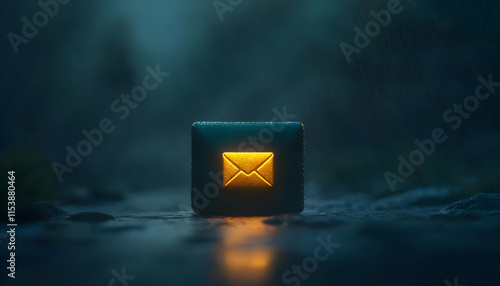 A glowing email icon illuminates a misty environment, symbolizing digital communication and connectivity. photo